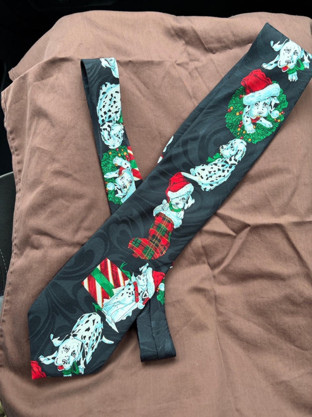Surrey - Black Satin Tie with Dalmatian’s  Holiday Accent